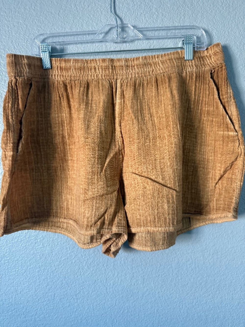 Daily Practice Linen Tan Elastic Waist Shorts